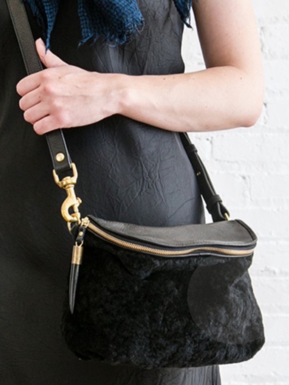 Kempton & Co Shearling Mini Windbourne Black Crossbody Bag Leather Trim Gold